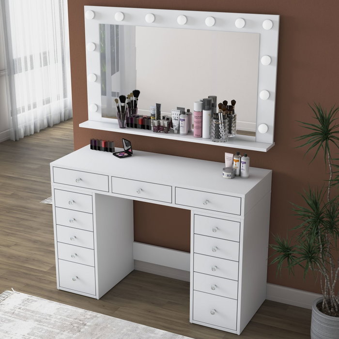 Hanah Home BJ196 - 5170 Mesa de Maquillaje Blanca con Espejo y 13 Focos
